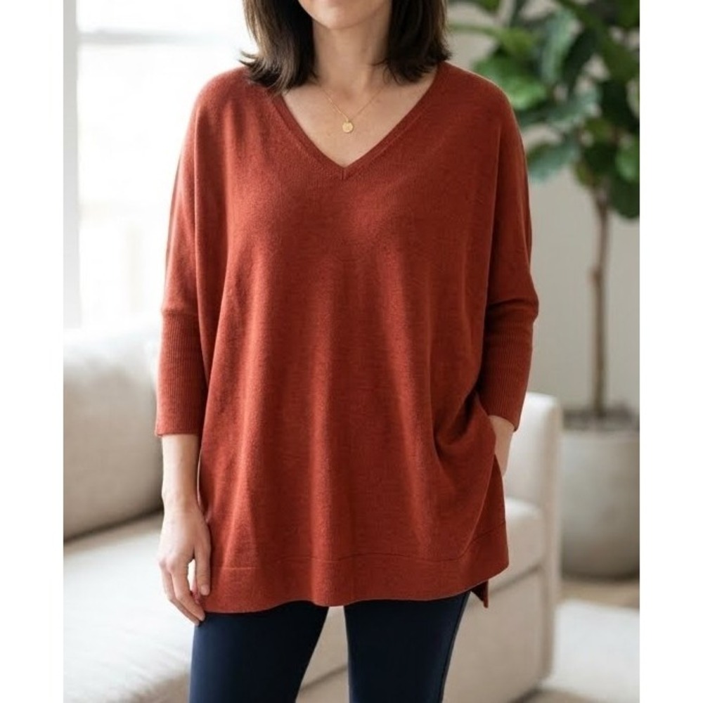 Boho Earthy Eileen Fisher Merino Wool V-Neck Tunic Sweater Terracotta Size L
